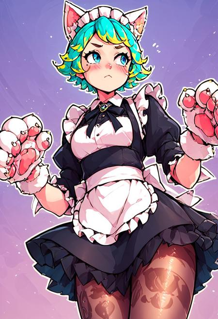 score_9, score_8_up, score_7_up, source_anime, zzCitronCAT, white outline, perfecteyes, masterpiece, very detailed, absurdres, cute
1girl, g1ng3r, maid outfit, nekomata, cat girl, cat ears, animal ears, blush, cat paw hands, (white paws), huge paws, mole under the eye, multicolored hair, (cyan hair), yellow tips hair, short legs, short character, short hair, pantyhose,
over the shoulder, cowboy shot, view from below, look away,