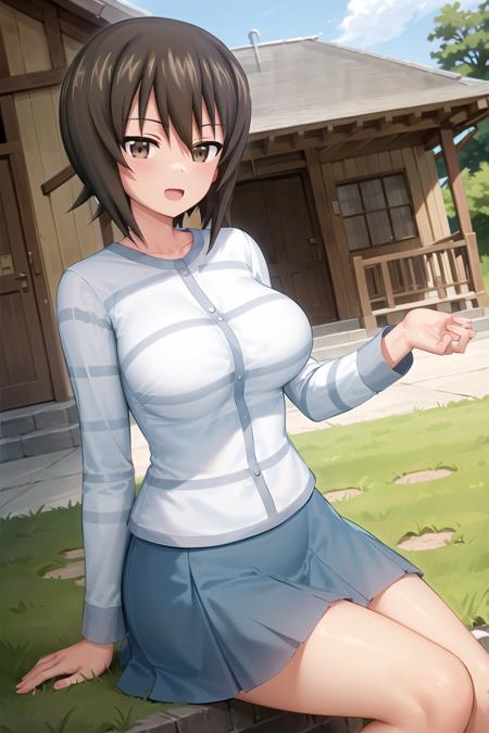 masterpiece,best quality, 1girl,solo,girls und panzer, nishizumi maho, brown hair, brown eyes, short hair,striped shirt, long sleeves,blue skirt, outdoors,house <lora:Nishizumi Maho:0.7>