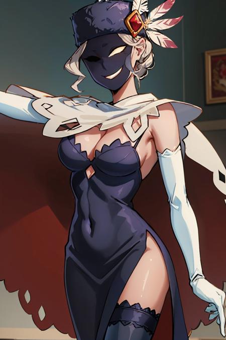 blackdahlia mask weapon hat hat feather black dress side slit cape white thighhighs elbow gloves cleavage