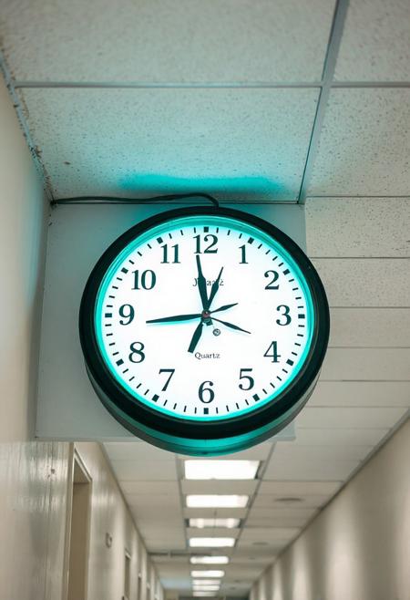 JNANX,luminous white silhouette,cyan glow,emerald highlights,flickering outline,dreamlike movement,
A detailed mixed-media collage. This image captures a large, round, black-framed clock mounted on a white wall in what appears to be a school or office hallway. The clock face itself is white with clear black numbers from 1 to 12. Interestingly, the hour and minute hands are completely missing, indicating the clock is non-functional or broken. The "Quartz" label is visible towards the bottom of the clock face. The perspective is slightly upward, showing a typical drop-ceiling with square panels and fluorescent lighting fixtures. The lighting is bright, illuminating the clean, unadorned wall and ceiling. The overall impression is one of a forgotten or neglected piece of equipment in an otherwise ordinary, utilitarian institutional setting.