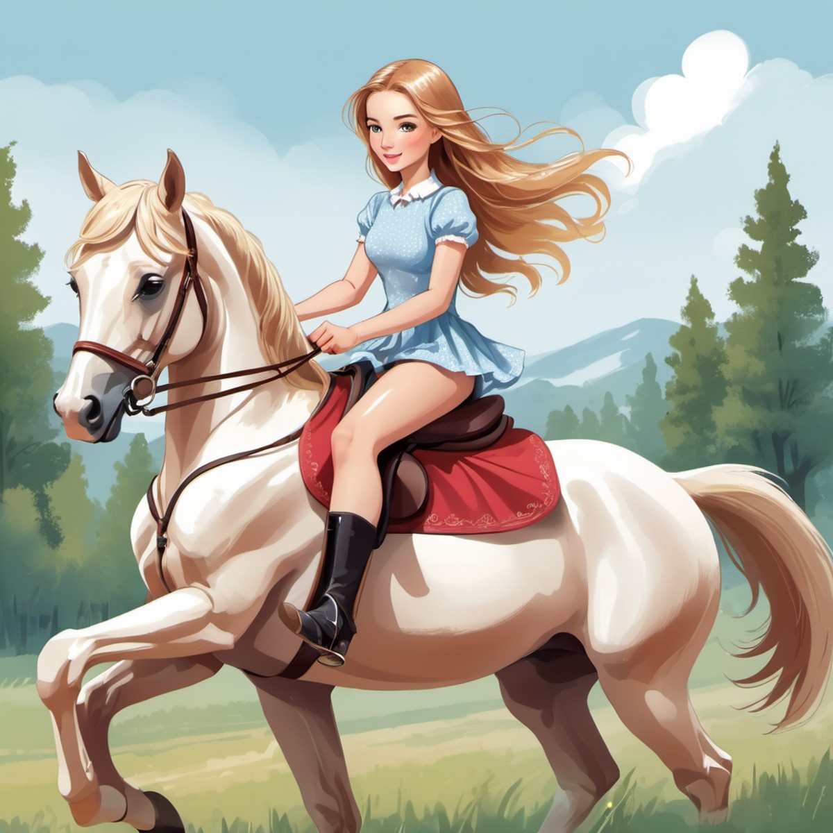 a pretty girl riding a horse, illustration