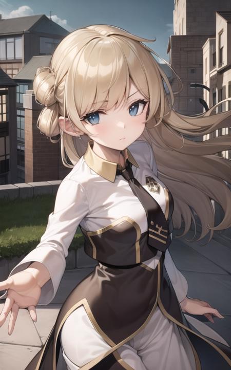 masterpiece, best quality,choker,1girl,On the city wall, No expression,Detailed hands, Complex light and shadow, delicate lines, Background blurring, depth of field, <lora:skyStrikerAceRayeYuGiOh_v1:0.8>,Blond hair, black headdress.Dark brown tie