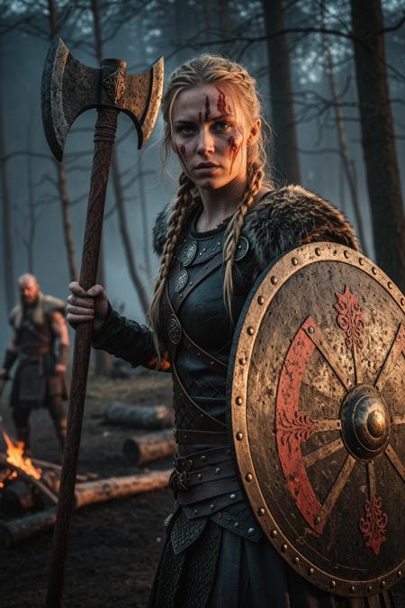 A fierce Viking shieldmaiden standing in a dramatic battlefield scene at dusk, surrounded by a smoky, war-torn forest. She is clad in authentic Viking armor with fur accents, holding a blood-stained axe and a round wooden shield adorned with Norse symbols. Her face shows determination and battle scars, including a fresh wound on her forehead. The sky is fiery orange and red, casting intense light and shadows. In the background, fallen warriors lie on the ground, and distant fires burn. The scene conveys raw emotion, strength, and the harsh reality of Viking warfare. Cinematic lighting, highly detailed, realistic style, 10th century Norse setting, dynamic composition