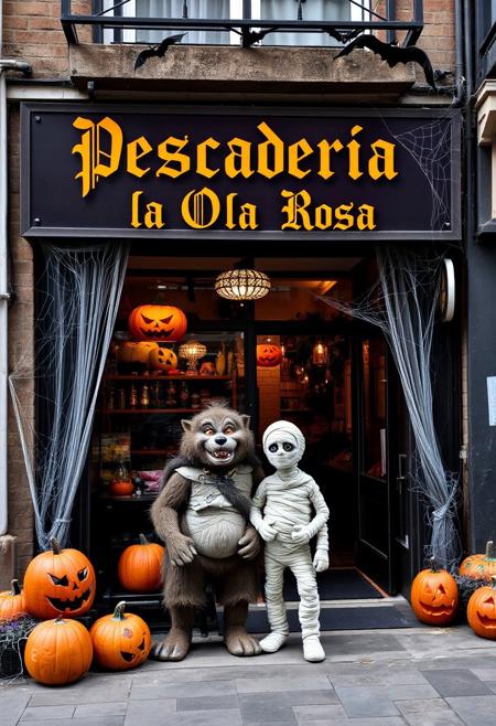 Storefront of a local food shop with a sign reading 'Pescaderia la Ola Rosa' in gothic Halloween-inspired font. In front, a friendly werewolf and a mummy are posing, surrounded by classic Halloween decorations: carved pumpkins, cobwebs in the corners, and bats flying above. The colors are dark oranges, purples, and blacks, creating a spooky yet inviting Halloween atmosphere. The scene should feel festive and welcoming, suitable for a small food store celebrating Halloween.