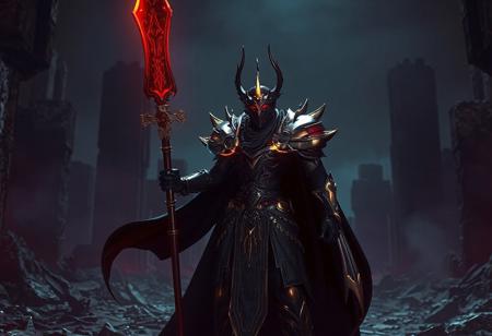 The image showcases a Dark Paladin from the video game "Final Fantasy VII" in a high-resolution, 4K, exceptional quality, and stunningly detailed depiction. The Dark Paladin, predominantly black and gold, stands in a dynamic pose, holding a Cyberdark sword and Emperor's Staff, ready for battle. The dark Ancient City - Rainbow Ruins background provides a contrasting backdrop, making the character the focal point. The image boasts vivid emotions, dramatic lighting, and hyper-realistic details, rendered with Octane and Unreal Engine 5. This masterpiece embodies a cinematic, epic, and cyberpunk style, with a red and orange glow and vibrant colors, aiming to be a trending piece on Artstation.