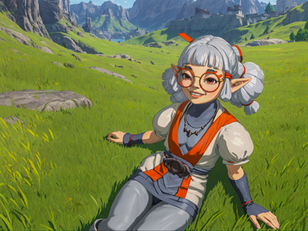 hyrule, scenery, josha, 1girl, silver hair, pointy ears, blunt bangs, red eyes, lying on grass, on back, looking at viewer, smile,
glasses,  red-framed eyewear, belt, gray tunic, gray pants,puffy sleeves, short sleeves, necklace
<lora:Josha_TotK:1>  <lora:Hyrule2:0.6>