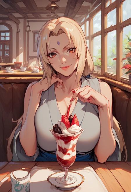 score_9, score_8_up, score_7_up,CONCEPT_PovDating_ownwaifu, tsunade \(naruto\), 1girl, cup, smile, window, looking at viewer, indoors, pov across table, cafe, sitting, parfait, food, ice cream, upper body, chair, saucer, pov dating,