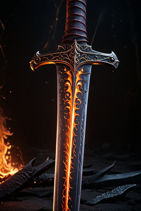HavvoricFireDarkstyle, close up of sword, cinematic photography  <lora:HavvoricFireDarkstyle:1>