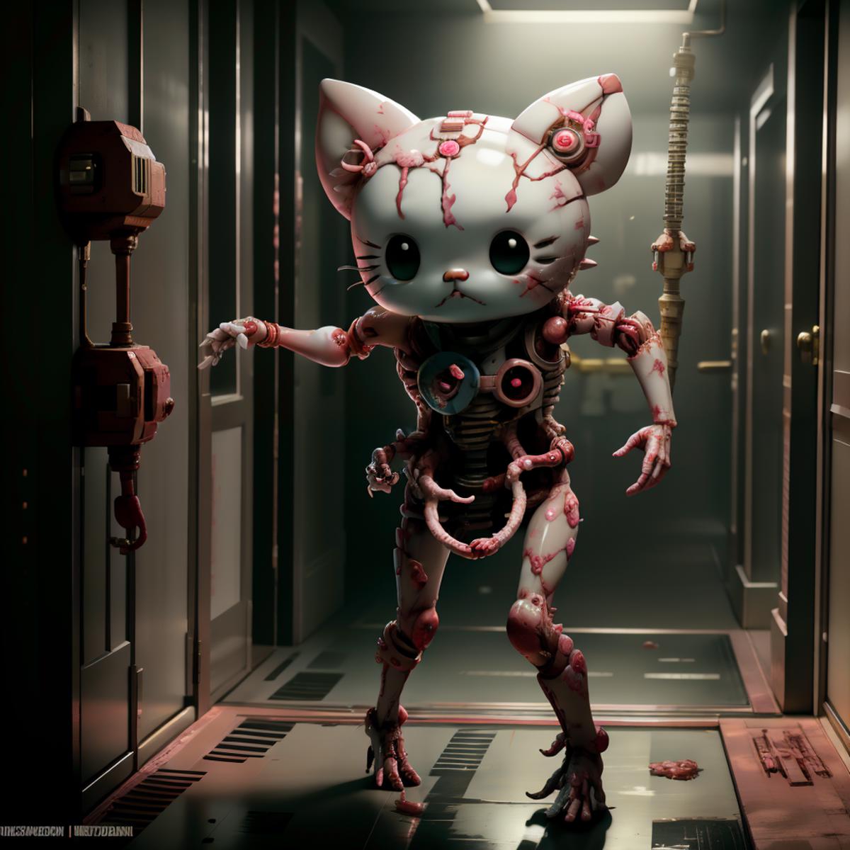 A severed kitten head attached to a body with a chain, standing in a dark hallway.