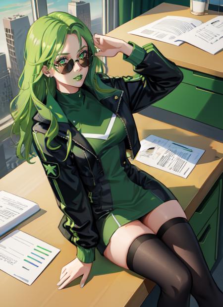 1girl, pov, from above, Polaris, shirt dress, crop jacket, sitting down, lean back, legs crossed, thigh highs, serious, sunglasses, green lipstick, hand in hair, <lora:polaris-10:0.5>, foreshortening, depth, office, boxes, papers,