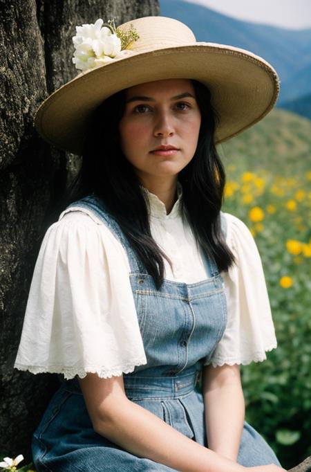 Asymmetrical [Modern Film Color Puritanical Royal] photo of a [27 yo Puritan Queen], [most decent woman], [without spot or blemish], [sitting on her elevated throne], [flowers in abundance], [castle in the canyons], [strict portrait lighting], [large format bellows camera], [extre sharp focus and polished glass lenses], in the style of [LIFE magazine] [post-processing: expert dodge and burn, unsharp mask, dark edge vignette]