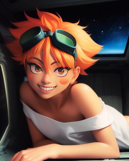 Edward,  tan skin, tomboy, midriff, orange hair, (white loose shirt), off shoulder, spiked hair, barefoot, bike shorts, brown eyes, goggles on head, blush stickers, grin,  upper body, lounging, 
space station, engine room, 
 (insanely detailed, beautiful detailed face, masterpiece, best quality)  volumetric lighting, best quality, masterpiece, intricate details, tonemapping, sharp focus, hyper detailed <lora:Edward-06:0.8>