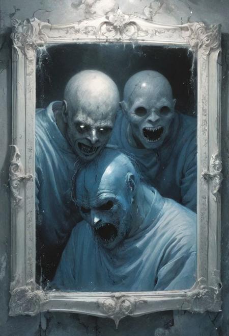 (a dramatic and disturbing illustration by Stephen Gammell, as a tormented soul:1.9), (a man looking at himself in the mirror, taking his human face off as if it were a mask:4.9), (emerging under skin, the human soul:5.6),  (perfect, clear skin, no blemishes or discoloration :1.3), (smooth and clear, visage, glowing aura around face, accentuate smile and eyes:1.1), (head bowed, smiling, looking up towards viewer in an evil conniving way:1.1), (change pose each iteration:1.2). (cosmic galaxy effects radiating off the body, hints of red magic coloring:0.5), (silver aura and bright:1.4), dusty, hazy, (black aura, blue aura, dark and damning aura:1.3), (deep blacks, lightly grim:1.1), (crab face, tentacles:1.5), (in the style of (Nychos:1.1) (ZdzisBaw BeksiDski:1.3) (Stephen Gammell:2.6)),
<lora:Fantasy_Wizard__Witches_SDXL:0.75>, hkmagic,
<lora:add-detail-xl:1.0>,
<lora:EnvyBetterHiresFixXL01:1.0>,
<lora:extremely_detailed:1.2>, extremely detailed,