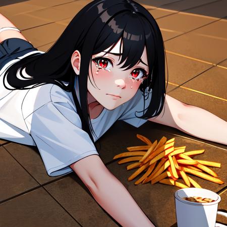 Highly detailed, High Quality, Masterpiece, beautiful, ApuMeme, <lora:ApuSpillsHisTendiesMeme:1>, 1girl, solo, black hair, red eyes, long hair, shirt, white shirt, shorts, short shorts, black shorts, lying, tears, on stomach, food, spill, crying, shadow, tearing up, on floor, cup, french fries