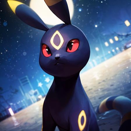 centered, award winning photo, (looking at viewer:1.2), |  Umbreon_Pokemon, |starry night, moon, blue theme, | bokeh, depth of field, cinematic composition, | <lora:Umbreon_Pokemon_AnyLora:0.8>