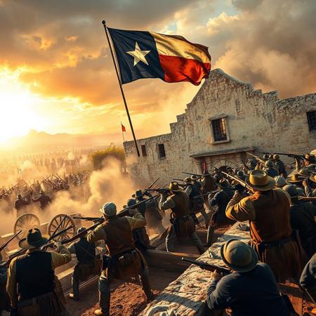 A cinematic, expansive battle scene at the Alamo mission under a fiery Texas dawn, with Texian defenders holding the battered adobe walls against a vast Mexican army. The tattered Texas flag, white star on blue, flies defiantly above the mission’s battlements, where cannons roar, smoke billowing. Dust swirls across the courtyard as Texians fire from barricades, with distant Mexican ranks advancing in waves.
Texian Defenders: Rugged adult Texians, in mixed militia gear, wield muskets with bayonets, Bowie knives, and flintlock pistols. They wear leather jackets, fringed vests, and coonskin caps or wide-brimmed hats. Clothing is earthy tan, brown, and faded blue, with red bandanas and patched cotton shirts stained with sweat and blood. Barricades of wood and adobe bear makeshift repairs. Colors are rugged browns, tans, and blues, with the flag’s white and blue prominent.
Mexican Army: Adult Mexican infantry in disciplined ranks fire muskets and scale ladders, wearing dark blue shako hats with brass badges, blue wool coats with red epaulettes, and white trousers. Artillery crews load cannons in the background. Colors are deep blue, red, and white, with gold button accents and red-green Mexican banners.
The Alamo’s scarred walls and cannon smoke dominate, lit by golden sunlight and long shadows. Dust, blood, and fallen gear add gritty realism. The scene is hyper-detailed, with textured uniforms and chaotic motion.