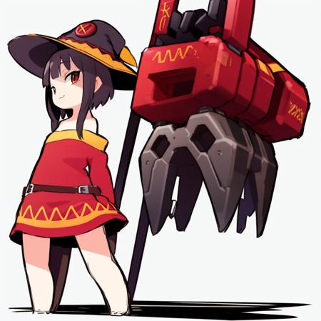 <lora:Eiken3kyuboyArtist-20:1>, (mech parts:1.1),
1girl, solo,looking at viewer,simple background,  
standing , :3,  , megumin,   <lora:megumin_type2:0.6>,