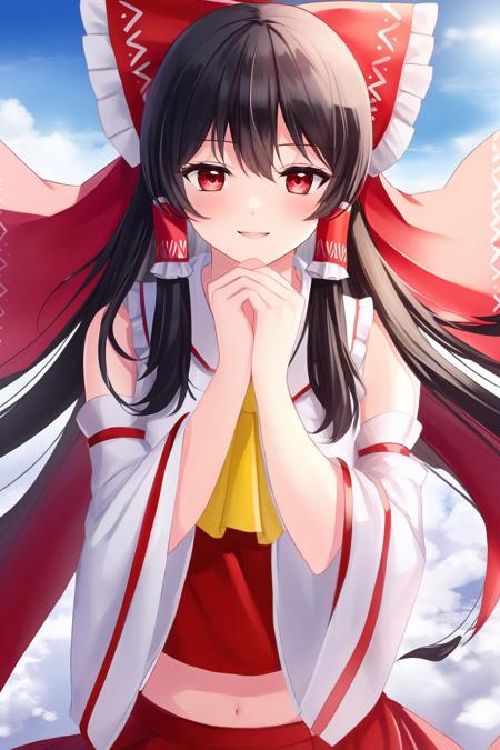 (masterpiece, best quality, highres, anime art style, pixiv), (1girl, solo, hakurei reimu, close-up, pov, from above, blush),  <lora:hakurei_reimu_xl-000050:0.7>