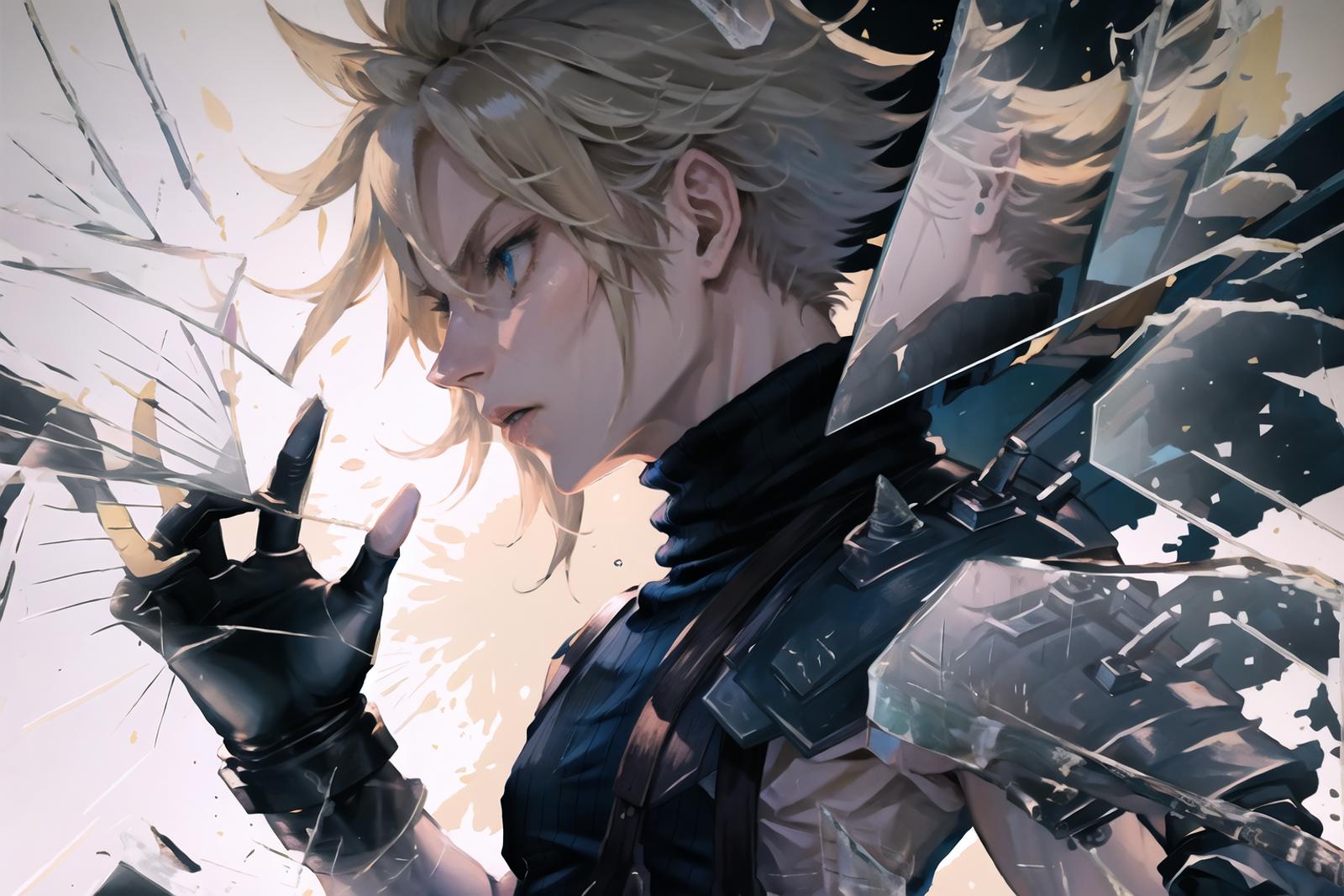 Anime character with blue eyes and blond hair holding a shattered glass.