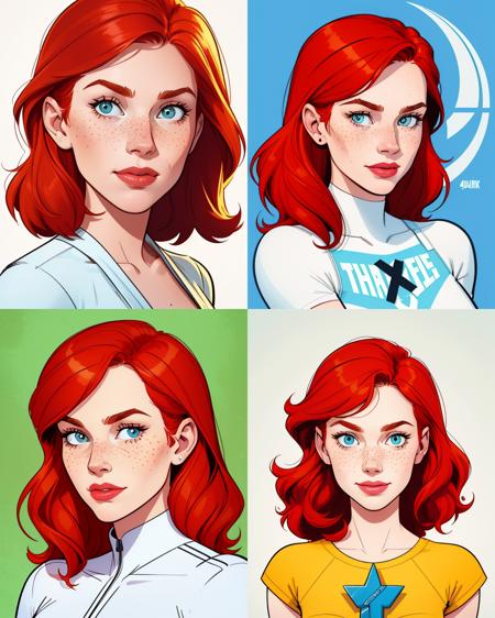 portrait of a cute redhead woman, freckles, happy, 2D flat, colored illustration, graphic novel style, cross hatching, inked, comic style, by phil noto and todd mcfarlane, sharp, extreme detailed, HD, HDR, 4K, masterpiece, high quality, high resolution, breathtaking, award-winning, professional