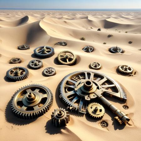 a desert of buried gear fragments, dunes formed from shredded cogwheels and fine brass dust, skeletal remains of gear-based creatures half-buried in the sand, horizon flickering with the shimmer of heat-powered turbines, wind carving mechanical patterns in the ground, g3ars, made out of gears