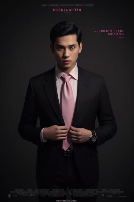 movieposter, 1boy, male focus, necktie, watch, wristwatch, jacket, black hair, shirt, english text, black necktie, looking at viewer, black jacket, pants, formal, solo, black pants, cover, suit, collared shirt, standing, copyright name, clenched hands, pink background, white shirt, short hair, layout design, font design, 1boy, male focus, necktie, watch, wristwatch, jacket, black hair, shirt, english text, black necktie, looking at viewer, black jacket, pants, formal, solo, black pants, cover, suit, collared shirt, standing, copyright name, clenched hands, pink background, white shirt, short hair, title, movie poster, design layout
