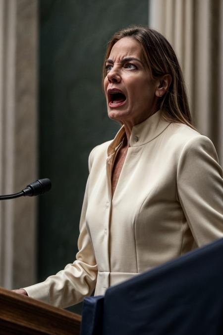 female politician, speech, angry expression, pointing a finger, at the US congress, standing, podium, sharp focus, soft lighting, (high detailed skin:1.1)
 <lora:0more_details:1> <lora:michelle_monaghan_lora_v01:1> michmon