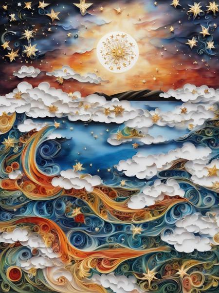 yanzhi,masterpiece, best quality, landscape, no humans, from above, over cloud  sea,oil painting \(medium\) fake sky,(multiple fake stars falling from  sky),floating star shape falling down,broken ground,(There is a kingdom  on an island that floats in the air with a mechanical power plant:1.3)，paper quilling