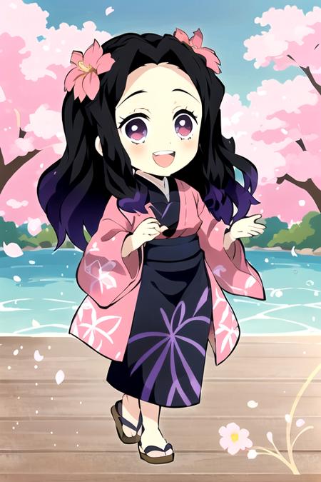 1girl, solo, kimono, obi, hair ornament, purple eyes, black hair, japanese clothes, smile, open mouth, multicolored hair,  :d,  gradient hair,  full body, bangs, teeth, forehead, outdoors, sidelocks, sky, sandals, two-tone hair,  flowers, blue sky, tree, full body, <lora:KnY_ChibiV2-17:0.9>