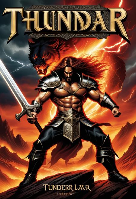 A powerful, dramatic heavy metal album cover inspired by Manowar, featuring the legendary "Manowarrior." The central figure is a muscular, heroic warrior with long flowing hair and a fierce expression. He wears ornate, battle-worn armor made of gold and steel, complete with intricate details like skull motifs and sharp spikes. The warrior holds an enormous sword, raised triumphantly in one hand, while his other hand grips a shield emblazoned with a mythical beast. Behind him, a fiery, apocalyptic landscape unfolds, with molten lava rivers and dark storm clouds swirling overhead. Lightning strikes the horizon, adding to the intensity of the scene. The cover is framed with bold, metallic lettering in a fantasy-style font at the top, with a deep red and black color palette, creating an epic, heroic atmosphere reminiscent of classic heavy metal art. thunder behind him,