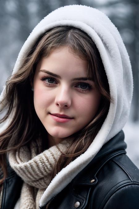 LauraW_SoloTI_v1, PA7_Portrait-MCU,
(happy,smile), (In layers of heavy, fur-lined clothing with a thick scarf and insulated gloves, for a look of warmth and resilience), (A snow-covered landscape, with icy winds howling and frost clinging to every surface, an atmosphere of biting cold and harsh survival:1.3), (seductive:1.3),(analog, cinematic, film grain, hazy atmosphere, cinematic shot:1.3), 
 <lora:add_detail:0.6>