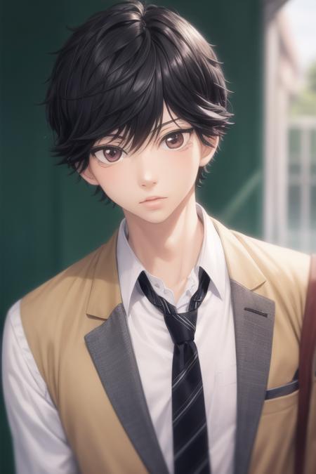 masterpiece, best quality, high quality, 1boy, solo, male focus, looking at viewer, upper body, <lora:mabuchi_kou:0.82>, mabuchi_kou, black hair, brown eyes, school uniform, , , necktie