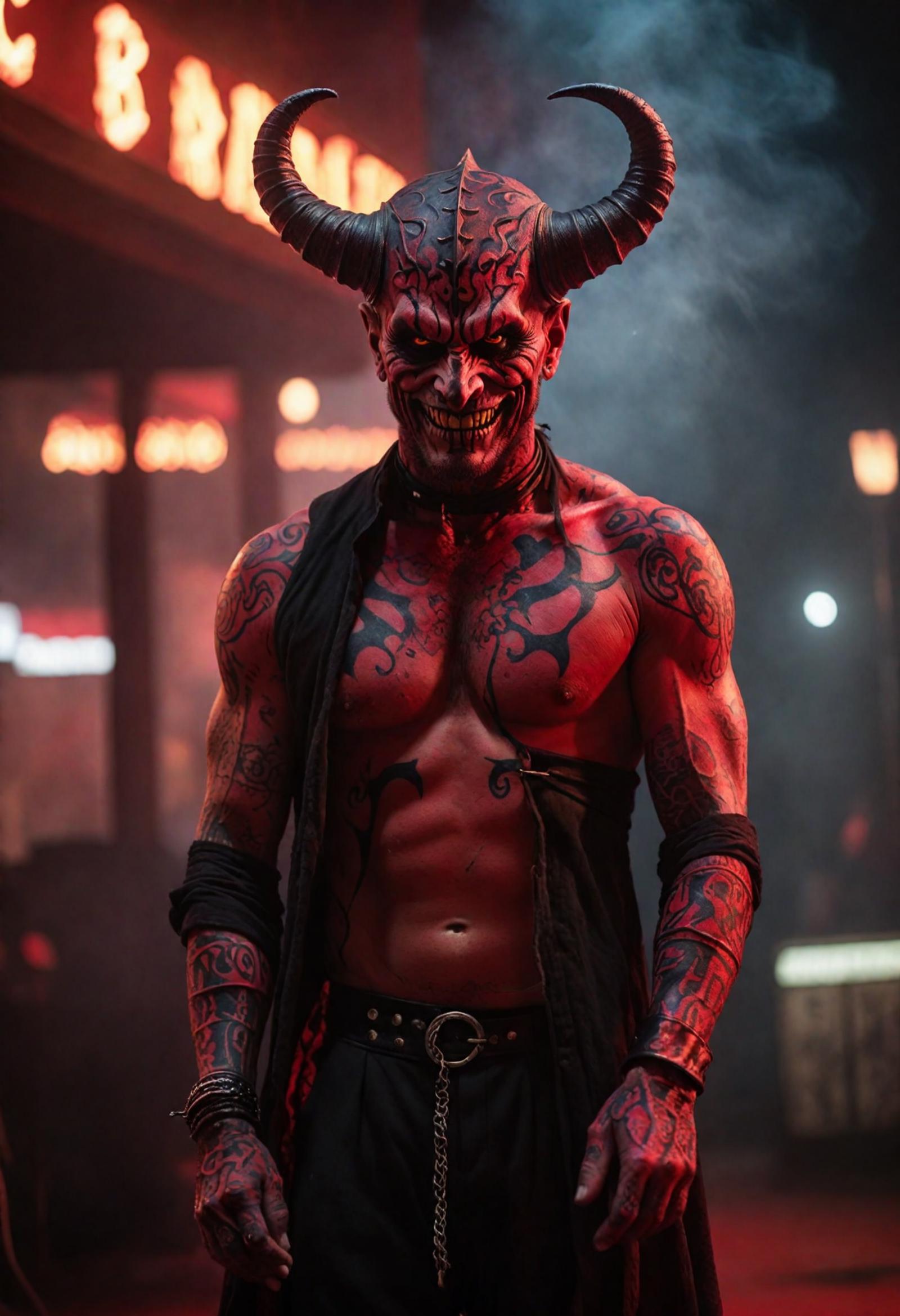 A man with horns and tattoos wearing black and red clothing.