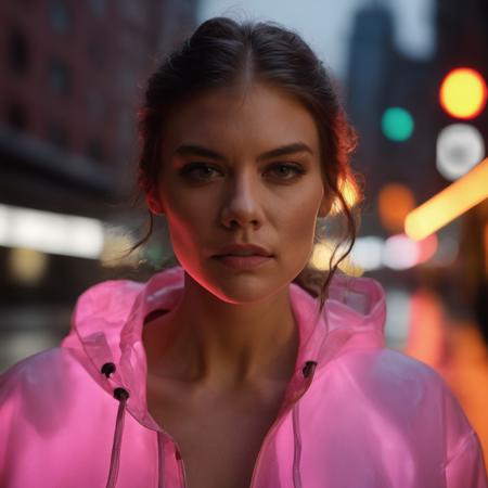 lauren_cohan, <lora:LaurenCohanXL:1>, portrait, tourist, (( very long hair, hair over eye, hair in face, wild hair, floating hair, ponytail, wet hair, wet skin, wet body, soaking wet)), long sleeves, pink raincoat, backpack, walking down the street at night, raining, foggy, dim neon light, noir style, new york city at night, ((perfect eyes, detailed eyes,realistic eyes)), ((sharp face, detailed face, realistic face, naturtal skin, realistic skin, detailed skin, pores)), (masterpiece, best quality, ultra-detailed, best shadow), high contrast, (best illumination), ((cinematic light)), colorful, hyper detail, dramatic light, intricate details, (1 girl, solo) , ultra detailed artistic photography, dreamy, backlit, shadows, ultra high definition, 8k, ultra sharp focus, ultra high quality model, soft lighting, film photography, analogue photography, hyperrealism,