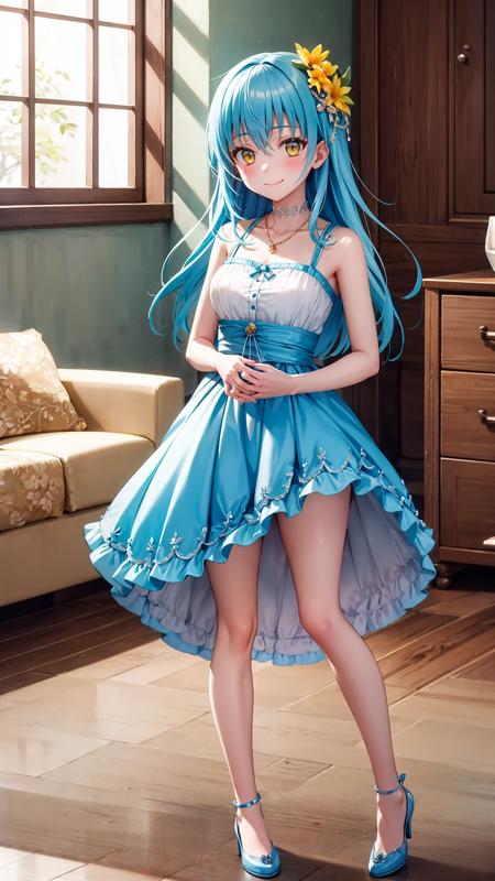 (masterpiece, best quality), ray tracing, absurdres, HDR, rimuruparty, rimuru tempest, 1girl,  light blue hair, yellow eyes,medium breasts,,long hair, flower, hair ornament, hair flower, smile,closed mouth, ,bare legs, , looking at viewer, bangs, dress, solo, hair between eyes,full body, ,,  indoors,living room,blush ,,<lora:rimuruparty:0.7>