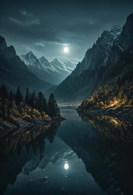 detailed, night, (dark environment), mountains, water, trees, no humans, reflection. highly detailed and hyper realistic photo, by Alena Aenami , by Archibald Thorburn , by Daniele Afferni , in the style of  monochromatic silhouette reflection,  limited dark palette, unusual dark colors, faded colors, atmospheric haze, highly dramatic cinematic lighting, motion blur, film grain,  professional, excellent composition, finest details, maximized details, ultimate detail level, masterpiece, best quality