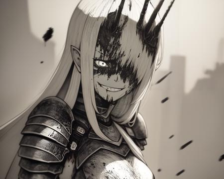 <lyco:epeulu-NAI-LyCORIS:0.9>, greyscale, monochrome,
1girl, solo, full armor, very long blonde hair, hair over one eye, bloodsplatter, dirt on face, smirk, ruins background, depth of field