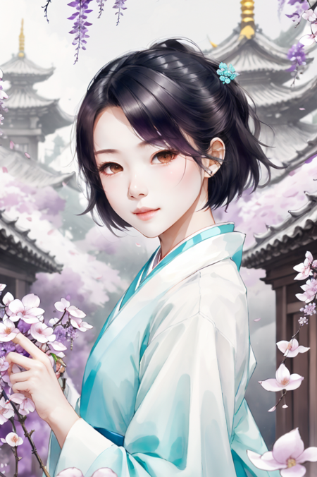 (high quality:1.1), (masterpiece:1.1), ink painting, 
1girl, [beautiful|cute|beautiful|cute] soft face, good eyes, smooth nose, short hair, <lora:PAseer的油彩和水墨:0.9>,
 floating petals, wisteria flower, architecture, cyan theme, 