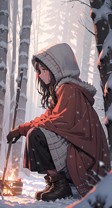 1girl, solo, snow, long hair, hood, fire, outdoors, brown hair, boots, snowing, from side, tree, suitcase, cloak, blurry, hood up, forest, gloves, nature, brown eyes, red gloves, squatting, closed mouth, hooded cloak, winter, depth of field, black footwear, red cloak
 <lora:snowlight-000007:1>