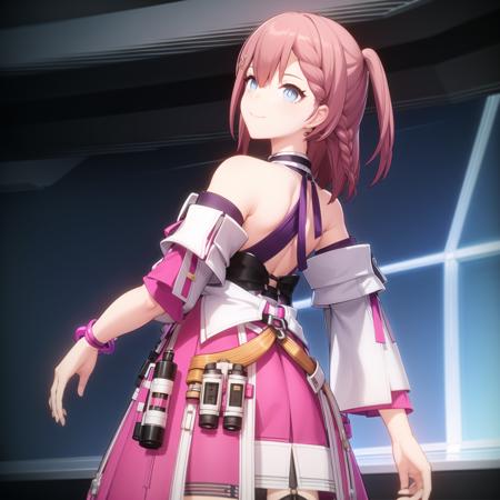 1girl, bangs, blue_eyes, braid, red_hair, pink_hair, short_hair, medium_hair, hair_between_eyes, hair_ornament, hairclip, choker, bow, bowtie, jacket, off_shoulder, shirt, bare_shoulders, skirt, thigh_strap, detached_sleeves, dress, wide_sleeves, smile, looking back, back, quality,masterpiece, high res, <lora:Asta_HonkaiStarRail:0.8>