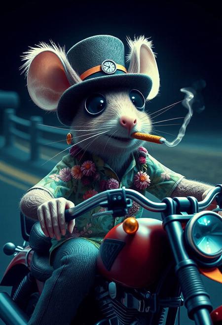 (HD, masterpiece, best quality, ultra detailed), fir needle style, pg-rated, an absurd mouse, and aloha shirt and top hat outfit give a sense of lack of taste. He rides a Harley Davidson and smokes a cigarette and gets earrings. (from below:1.3), made out of fir needles, add-detail-xl <lora:add-detail-xl.safetensors:0.8:0.8>