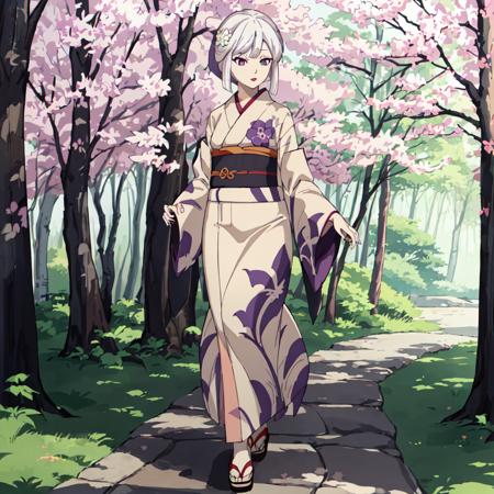 Amane_Ubuyashiki, 1girl, solo,white hair,kimono,makeup, obi, sandals, red lips, long sleeves, wide sleeves, beige kimono, purple eyes,asymmetrical hair,forehead,ringed eyes