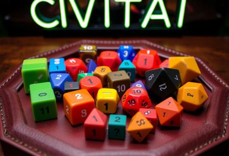 Many colorful polyhedral dice sit on a hexagonal leather dice tray. Cube dice, dodecahedron dice, octahedron dice, icosahedron dice.  All of the dice show the number "1" on their top face.  A neon sign reads "CIVITAI" above.