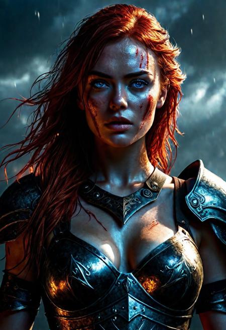 Ultra detailed digital art masterpiece Warrior girl dressed in a iron Armor and red mini skirt, Standing on a battlefield at the head of an army of knights, where a bloody slaughter is taking place, standing in battle pose, a dark epic fantasy, perfect lighting, beautiful Sadie Sink as Warrior girl, attractive woman, elegant, beautiful woman of athletic body,  shot of the whole Warrior girl, unreal engine 5 nanite quality, dark fantasy, dark environment, very stormy day, LOTR style, dark washed out eyeliner, no make up, natural bloody pale face, realistic blue eyes, ultra detailed atmospheric details, beautiful glowing effects, sparkle effects, realistic body proportions, beautiful face proportions, complex masterpiece, wavy red hair, creative glowing detailed tattoos, complex physics, enhanced colors, complimentary colors, ultra detailed raytracing reflections, Ultra detailed complex background, environment feels alive, direct eye contact, dramatic lighting, wet and sweaty skin, beautiful firm Breasts, Daylight, Concept art by Greg Rutkowski, adding to the intense and dynamic atmosphere of the scene.