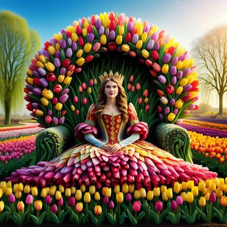 jaynl-tm, made of tulips, A fair-skinned woman sits gracefully upon a grand throne made entirely of blooming flowers, nestled in the heart of a vibrant flower fantasy world. She wears a stunning full-sleeve fairy dress crafted from multicolored tulip petals—each petal arranged like delicate scales of living fabric in hues of red, yellow, pink, purple, and white. The sleeves drape softly down her arms, blending into the throne’s floral tapestry. Her dress glistens with morning dew, and the tulips seem to shimmer with an inner magic. All around her, fields of beautiful, multicolored tulips stretch endlessly under a bright and beautiful sky, where warm sunlight bathes the scene in a golden glow. The throne, made of entwined vines and fresh blossoms, rises like a natural crown from the earth, framing her as the elegant queen of this enchanted, floral kingdom, Masterpiece level quality, soft lighting, bright lighting, sharp focus, fine details, high quality, precise, high resolution, 4k, 8k,