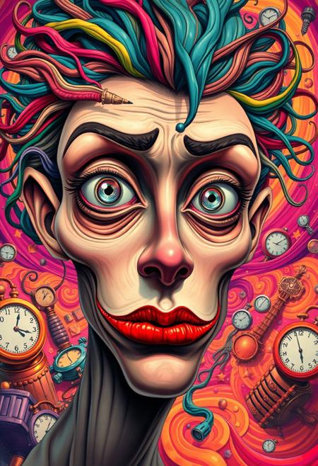 A hyper-stylized anime face, blending the surreal, dreamlike qualities of Surrealism with the bold, vibrant colors of Pop art. The face is distorted, with elongated features and a melting, Dalí-esque quality to the skin. The eyes are large and expressive, with swirling, psychedelic patterns that seem to shift and writhe like living things. The mouth is a bright, poppy red, with a subtle, gradient effect that gives it a sense of depth and dimensionality. The hair is a wild, abstract tangle of colors, with strands that seem to defy gravity and float off into the surrounding environment. The background is a swirling, surrealist landscape of melting clocks, distorted objects, and other bizarre, dreamlike imagery. The overall effect is one of vibrant, eye-popping energy, as if the viewer is gazing into a kaleidoscope of colors and patterns. highest-Quality, intricate details, visually stunning, Masterpiece