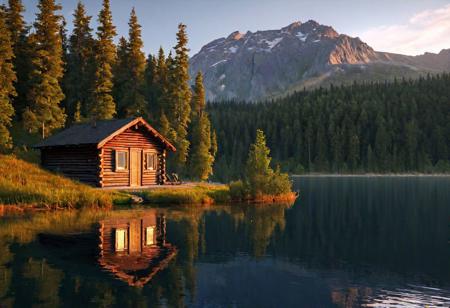 Solitude, a lonely cabin on a lake shore, forest and mountains in the distance, (best quality, 4k, photorealistic, HD, UHD, HDR), evening, natural lighting