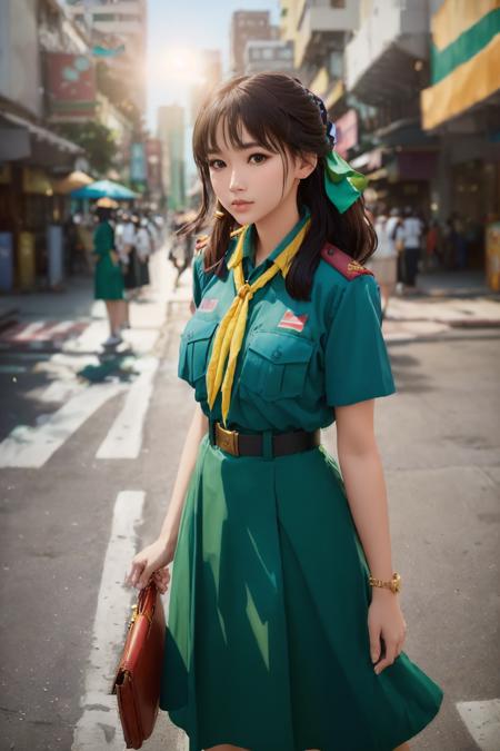 (from ground shot:1.3), stunning young girl, (sharp jawline:1.1), (full lips:1.1), (almond-shaped eyes:1.1), (high cheekbones:1.2),wearing green thai_girlscout_uniform, standing tall in the center of a bustling metropolis, bright sunlight (sunny day:1.1), shot from a low angle, cinematic, vibrant (vivid:1.3) colors, urban landscape, (modern:1.1) fashion, photorealistic portrait, captured by Alexi Lubomirski, Fuji x-t3, rich and lifelike texture, trending on artstation, (city:1.1) street photography

<lora:epiNoiseoffset_v2:1>,<lora:THgirlscout_v6-000007:0.8.5>,