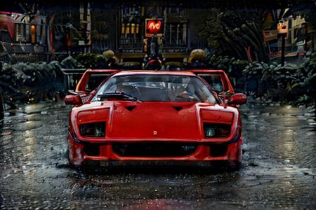 red FerFourty in city street background, multiple bulb lights, light rain street at night, bokeh, depth of field, volumetric light, gobo light, 1 car, analog, portra 800 film, motion blur <lora:FerFourty:.8>,  <lora:analogdiffusion_Lora300:.2>