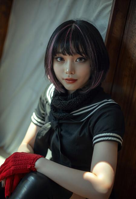 DLSR photograph, slender, beautiful extremely sexy 26 year old korean model . Pale skin, 
lighting<lora:MoriiMee_Gothic_Niji_Style_FLUX:0.3500000000000001> <lora:AsirAsianPhotographyflux:0.7000000000000002>
 (score_9, score_8_up, score_7_up), best quality, ultra highres, realistic:0.7, solo, girl, 22 year old, silk black hair with pink highlights, straight short hair, hime cut, bangs, big bright eye, flat perky chest, sexy pink lips, half lips, detailed eyes, eyeshadow, shy, cute smile, a quarter closed eyes, BREAK slim figure, tall body, wide hips, shiny pale skin, outstanding style, sexy, pale skin, smart looking, Expressive, wearing sailor uniform, pleated skirts, thigh highs boots, warm scarf, red gloves)),  pensive, light smile, closed mouth, presenting her face, horny, face focus, looking at viewer, eye contact, face focus, tight ass, sexy face, black nail polish, presenting her breast, breast focus, earrings, detailed face, detailed skin, sexy, rim lighting, two-tone lighting, low key, (extremely closed-up, near viewer), god rays of light, sitting, crossed legs, knees in front of the viewer, view from below,